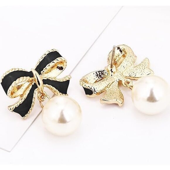Black Bow Earrings for Women, Pearl Ribbon Dangle Jewelry Gifts - Picture 4 of 5